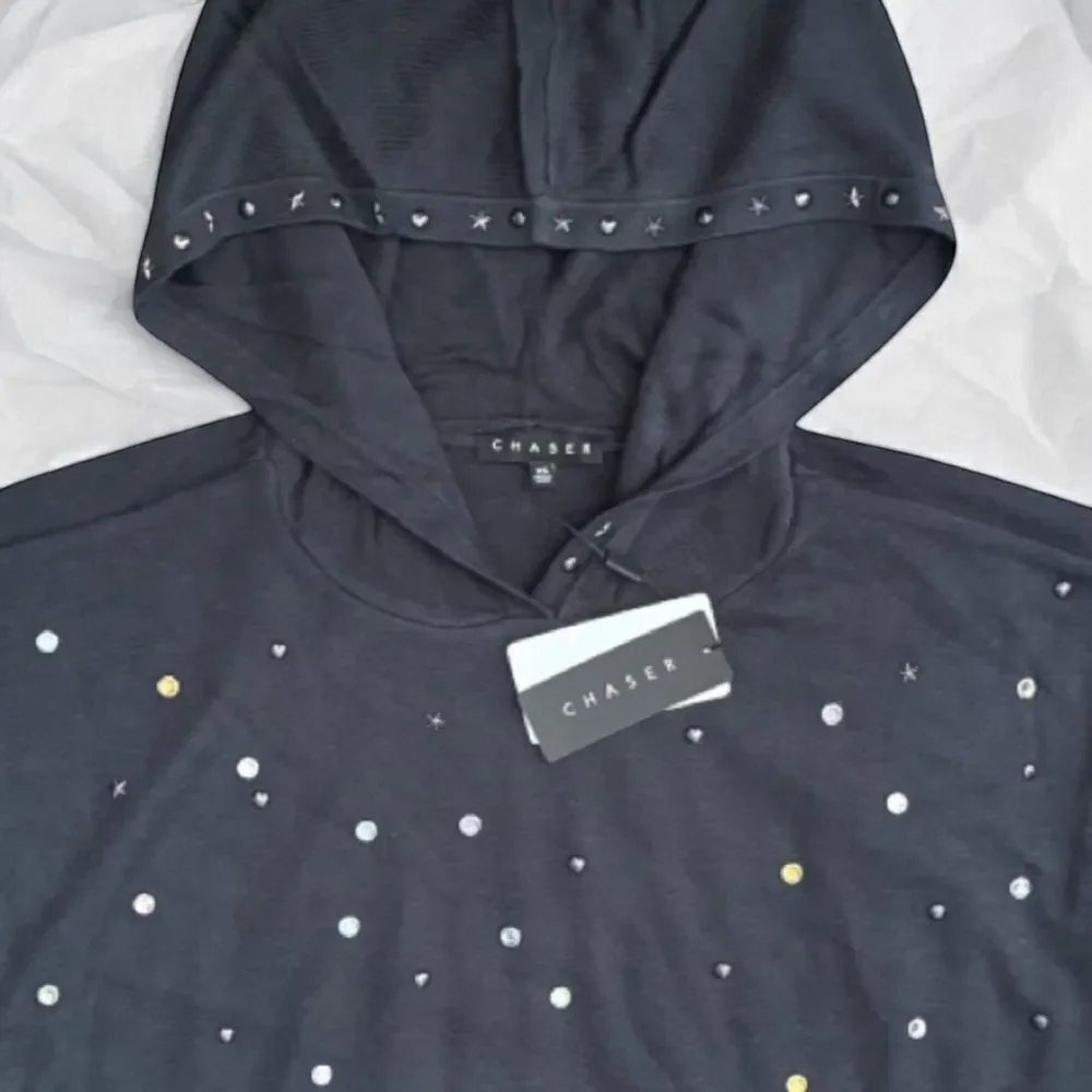Chaser Licorice Black Cropped Studded Hoodie Rhinestone XS NWT - Picture 3 of 9
